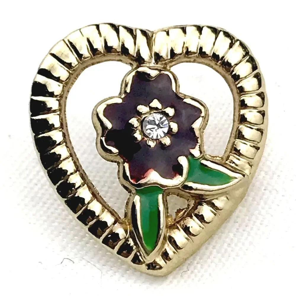 Heart Shaped Gold Tone Floral Enamel Brooch Pin Rhinestone Accent Vintage